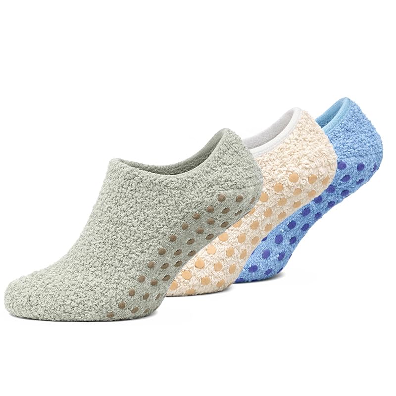 Non-Slip Fuzzy No-Show Socks - Sage Green/Cream/Dusty Blue | Polar Feet