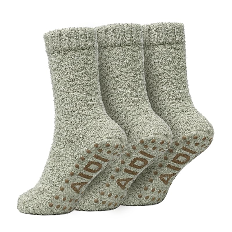 Non-Slip Fuzzy Crew Socks - Sage Green | Polar Feet