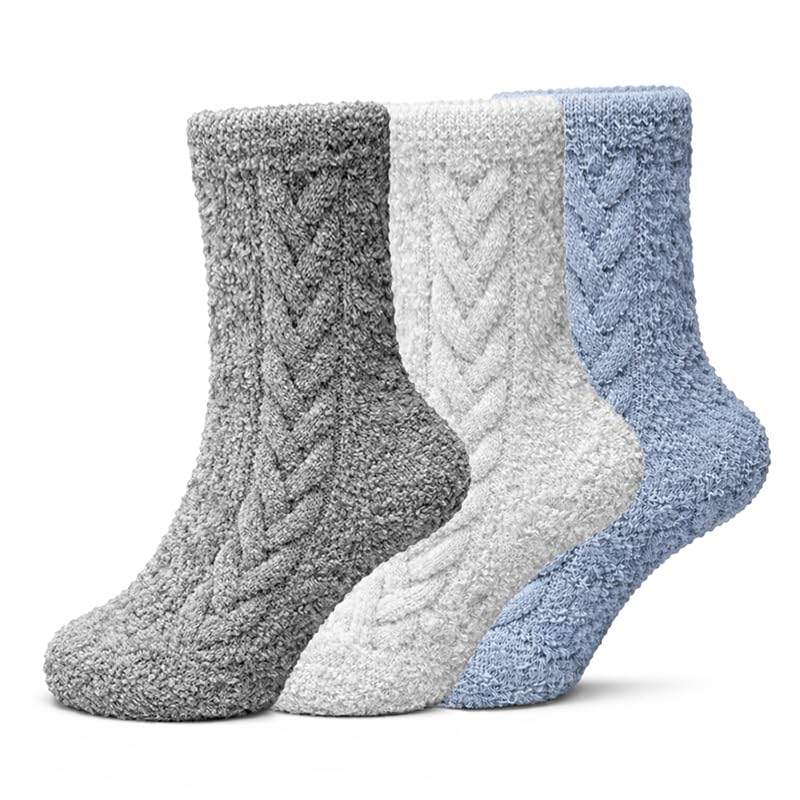 Women's Non-Slip Fuzzy Crew Socks 3-Pack - Charcoal Gray, Silver Gray & Steel Blue - view 1