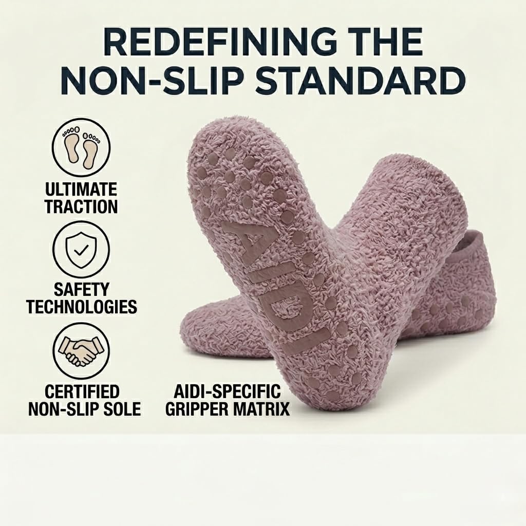 Non-Slip Fuzzy Crew Socks - Mauve/Oatmeal/Green | Polar Feet
