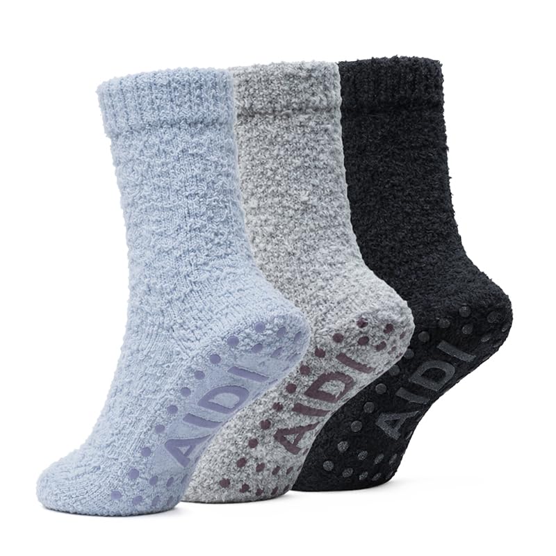 Non-Slip Fuzzy Crew Socks - Blue/Gray/Black | Polar Feet