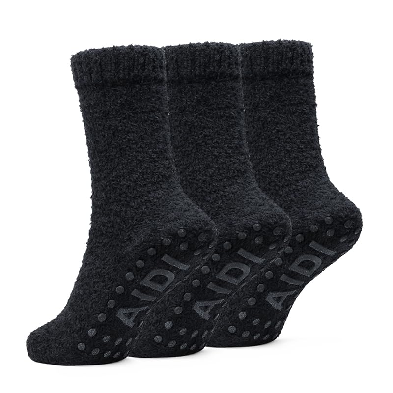 Non-Slip Fuzzy Crew Socks - Midnight Black | Polar Feet
