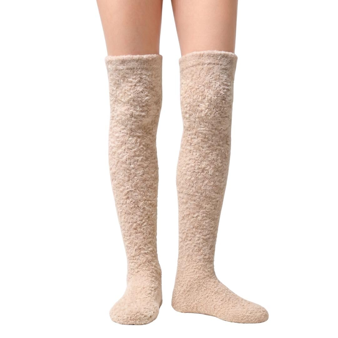 Women's Fuzzy Knee-High Socks - Khaki - view 1