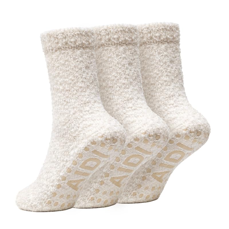 Non-Slip Fuzzy Crew Socks - Oatmeal | Polar Feet
