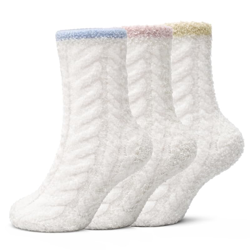 Kids Cream Fuzzy Socks 3-Pack - Blue, Pink & Yellow - view 1