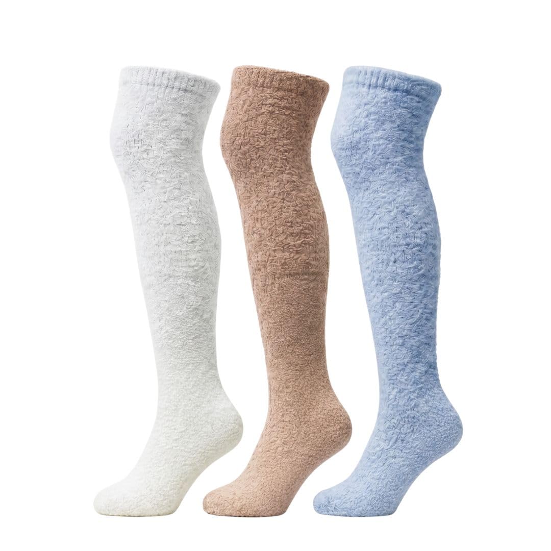 Women's Fuzzy Knee-High Socks 3-Pack - Pure White, Khaki & Dusty Blue - view 1