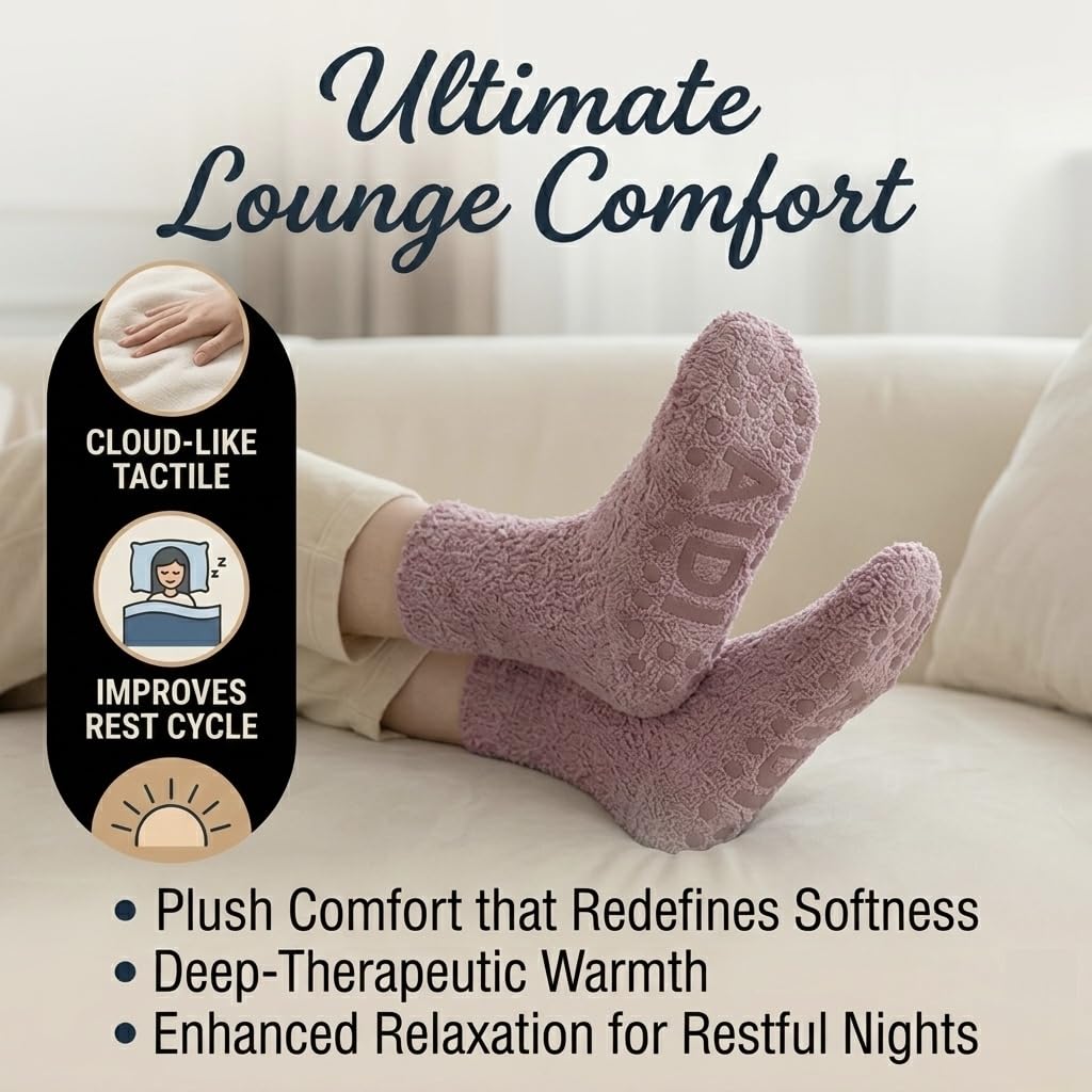 Non-Slip Fuzzy Crew Socks - Mauve/Oatmeal/Green | Polar Feet