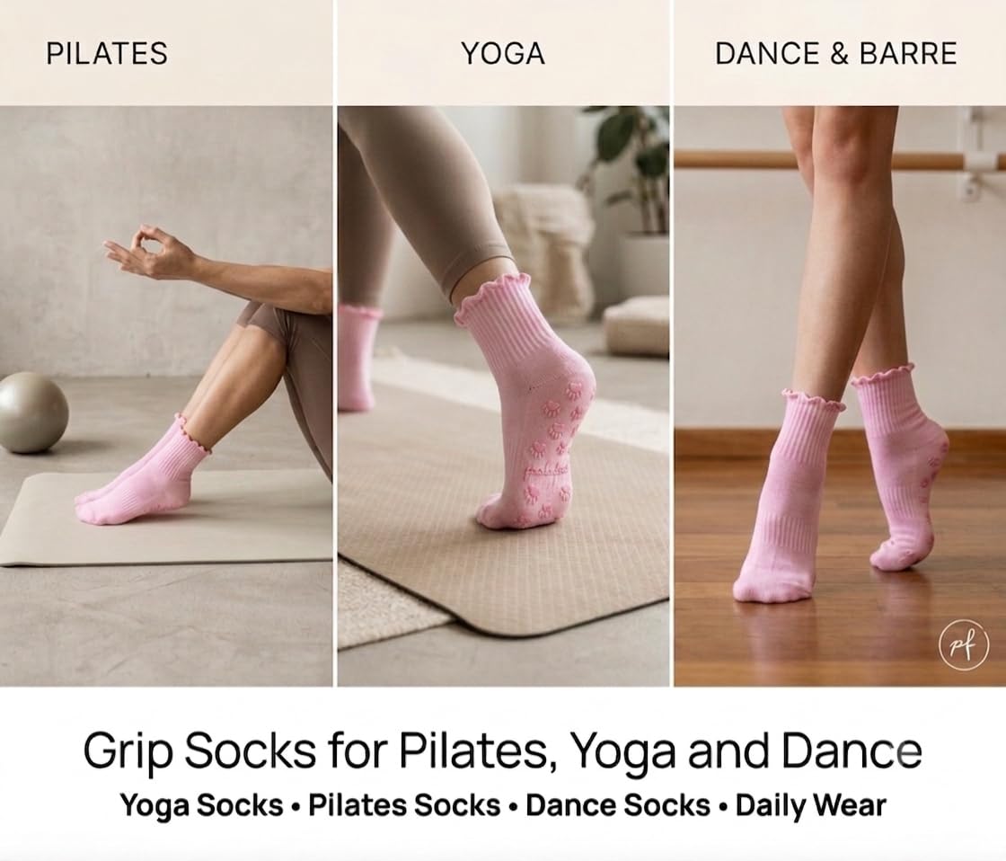 Polar Feet Crew Yoga Socks in Baby Pink - Non-Slip Sole - Photo 2
