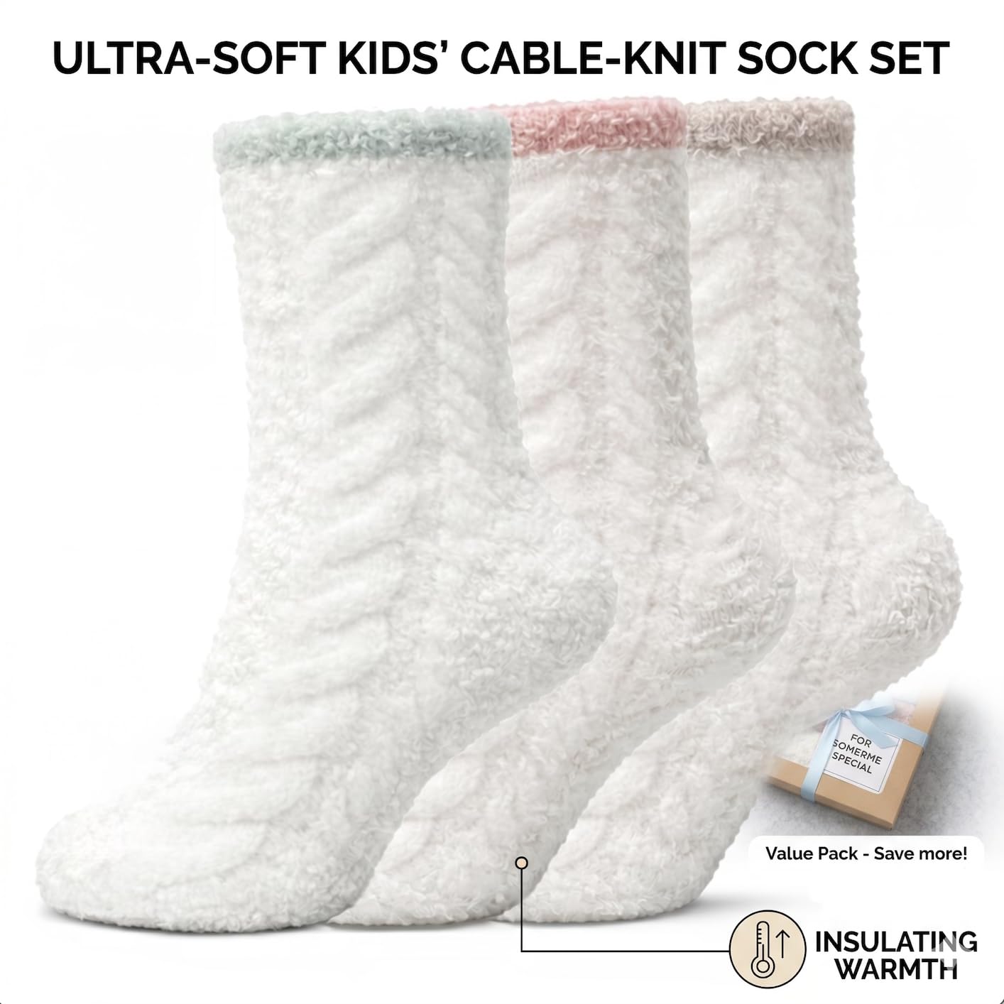 Kids Cream Fuzzy Socks 3-Pack - Green, Yellow & Pink - view 2