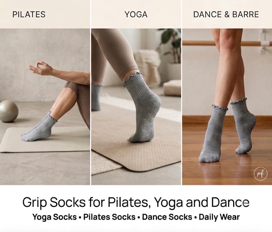Polar Feet Crew Yoga Socks in Cloud Grey - Non-Slip Sole - Photo 3