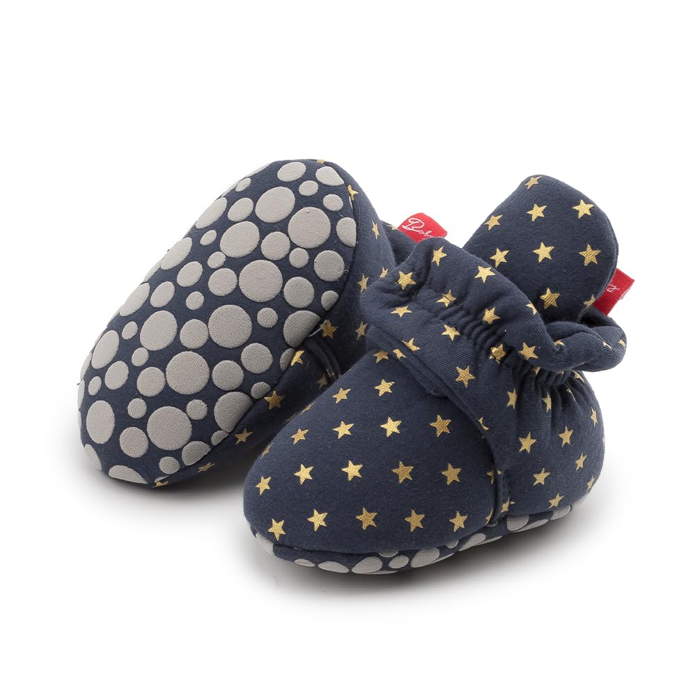 Cotton Star Baby Booties with Gripper Soles - Dark Blue Star Polar Feet