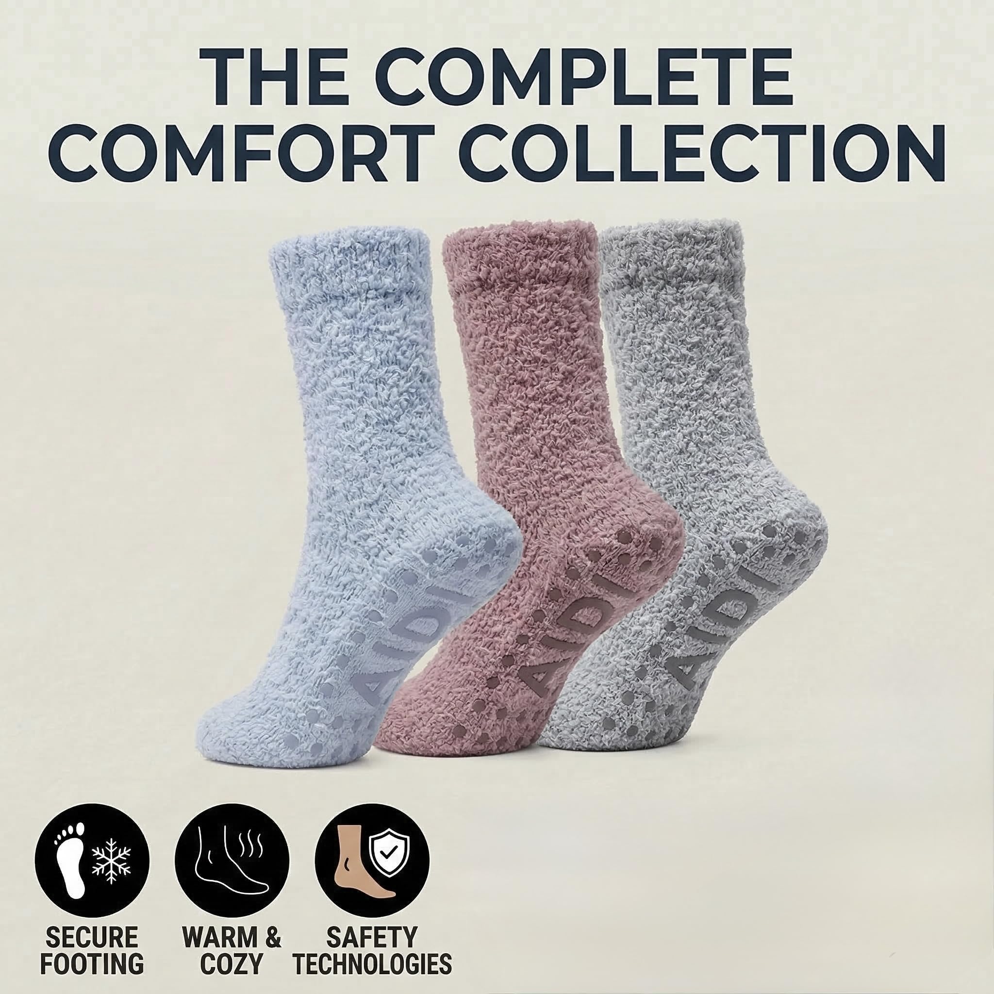 Non-Slip Fuzzy Crew Socks - Mauve/Oatmeal/Green | Polar Feet