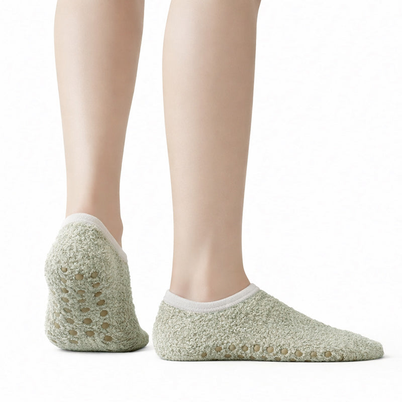 Non-Slip Fuzzy No-Show Socks - Coffee/White/Sage Green Polar Feet