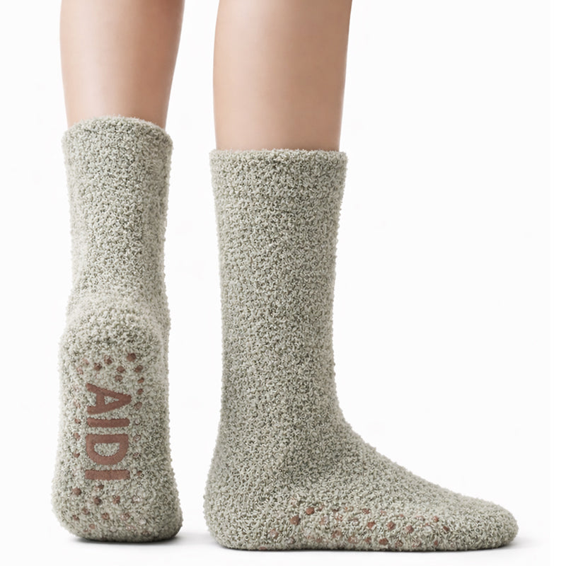 Non-Slip Fuzzy Crew Socks - Mauve/Oatmeal/Green Polar Feet