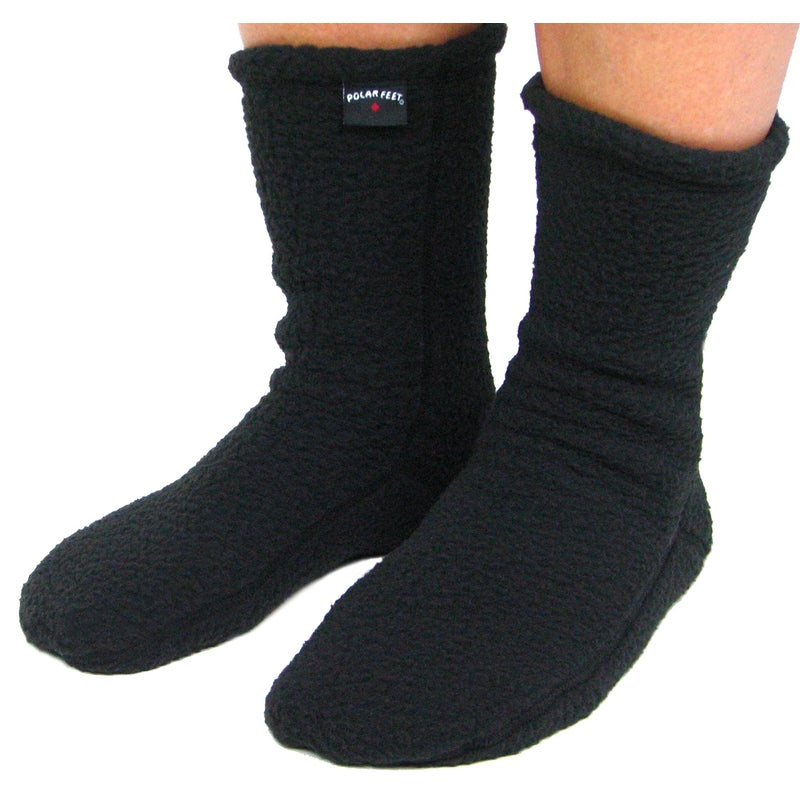 A pair of black fleece socks with a stretchy fit, suitable for both men and women.