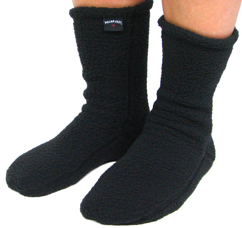 A pair of black fleece socks with a stretchy fit, suitable for both men and women.